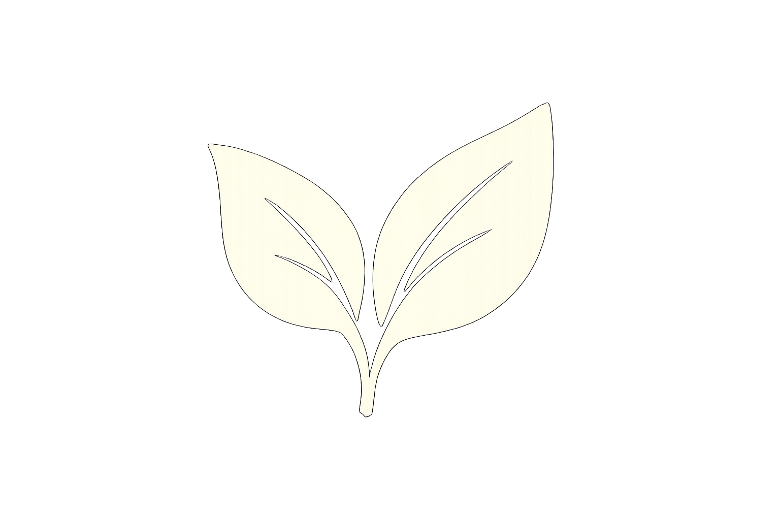 Create a minimalist icon with 2 elegant leaves in warm cream color #FFFCE9 on a transparent background. The leaves should be symmetrical and organic, representing freshness and natural products. Simple, clean design with smooth curves, suitable for an essential oils and wellness brand logo.
