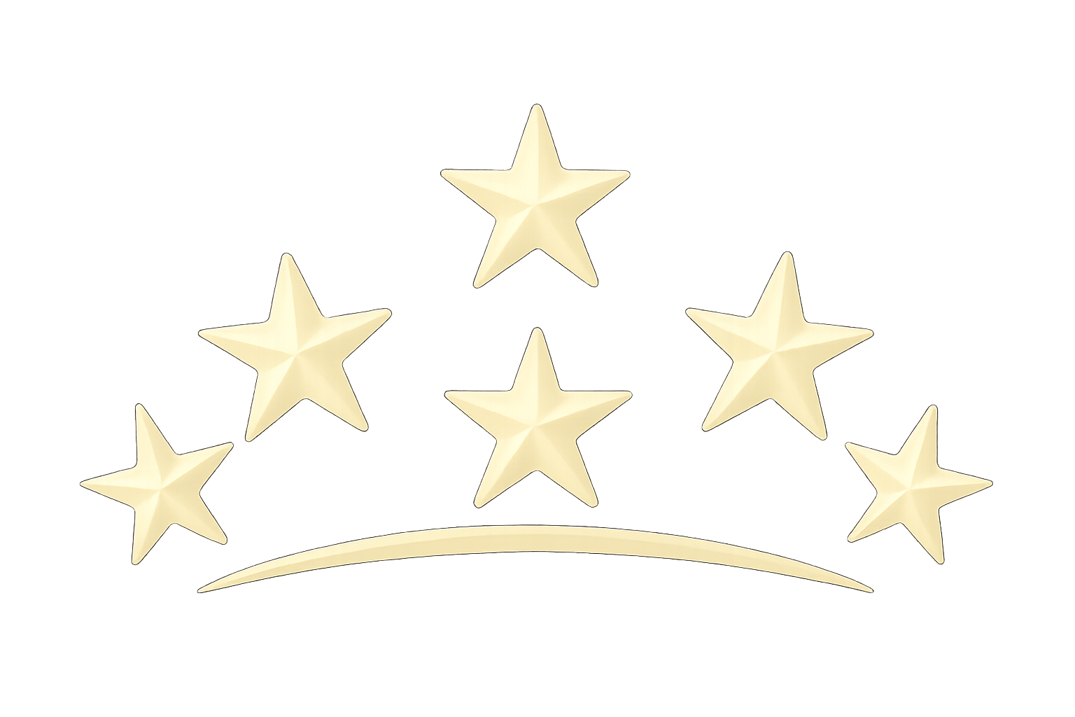 Design 5 stars arranged like a crown in cream color #FFFCE9. Stars positioned in an arc or crown formation, representing premium quality and excellence. Elegant, royal design on transparent background.